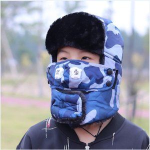 Kids Camo Blue Trapper Hats Winter Hats -40 Degree Resistance Waterproof